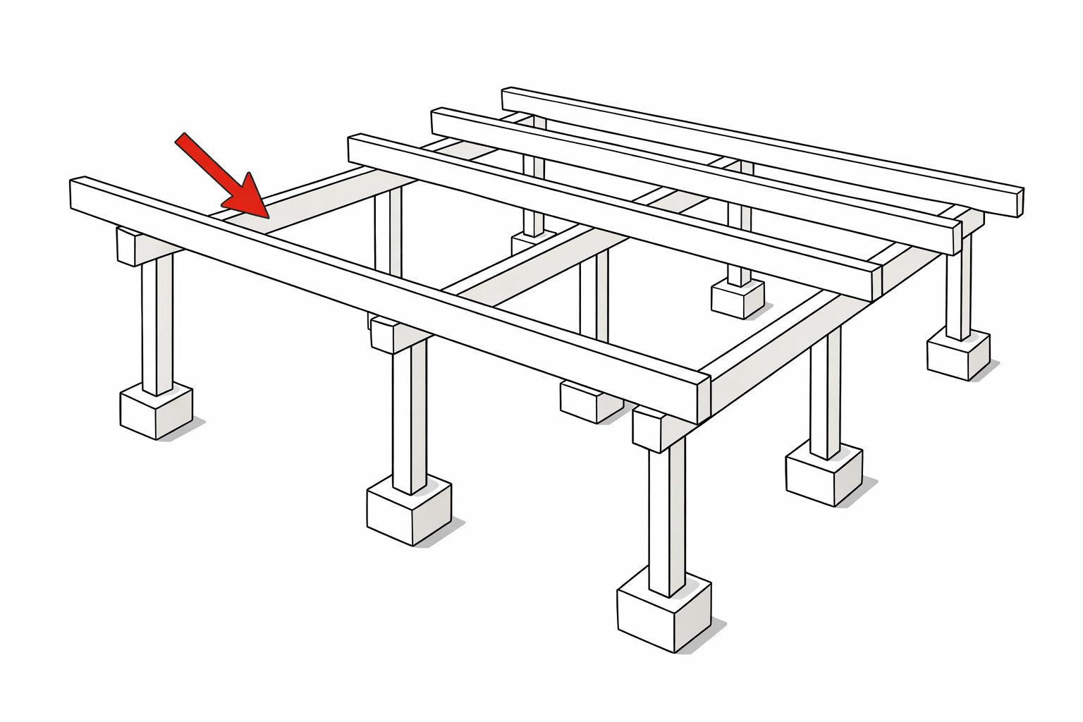 Illustration av altanstomme med bärlinor monterade på stolpar och stödreglar ovanpå.