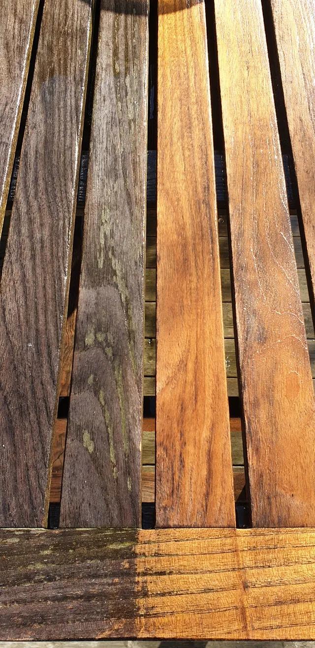 Närbild på trallbrädor – före och efter rengöring