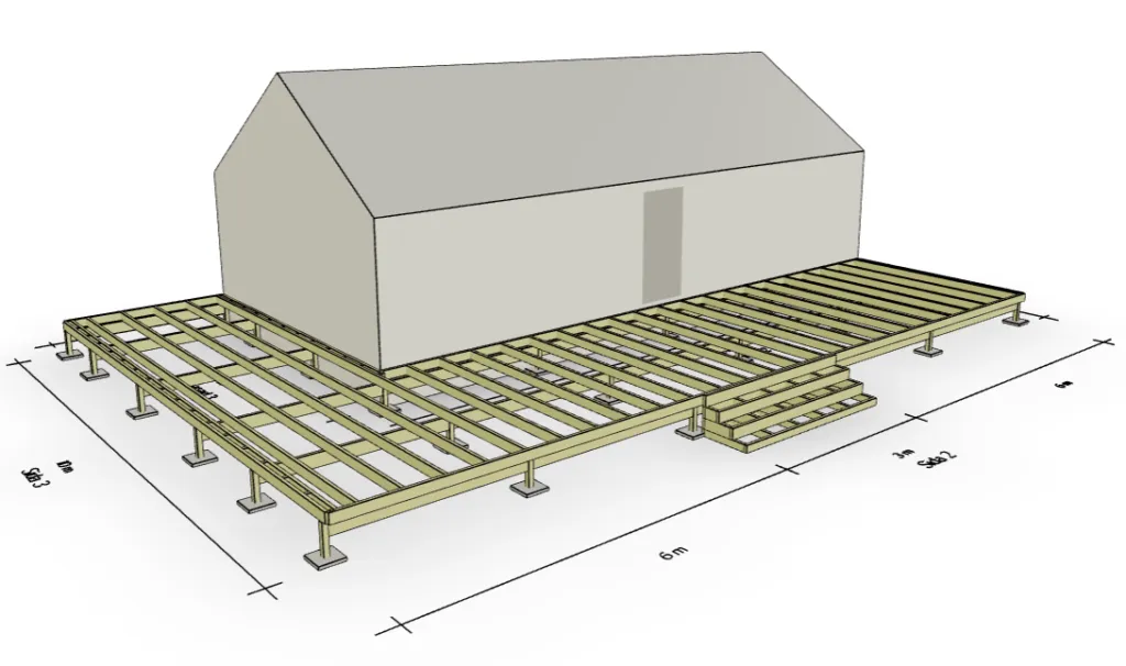 Exempel på altan med plattor som grundläggning ritad i altanplaneraren.se.