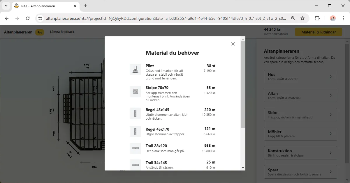 Exempel på materiallista