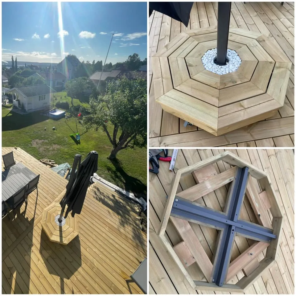 Åttkantig parasollfot med dekorstenar och trallmönster