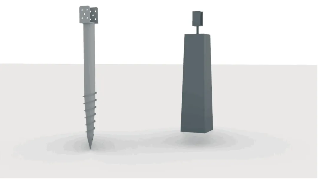 Animering av installation av markskruv och plintar som grundläggning till altan.