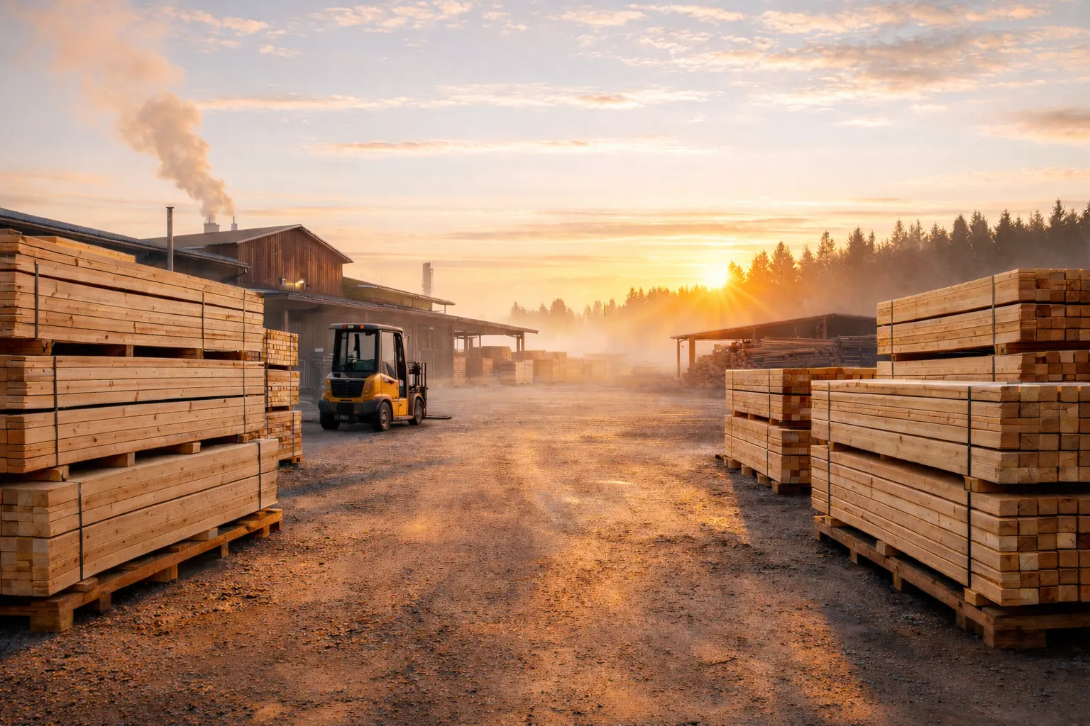 Sågverk i tidig morgondimma