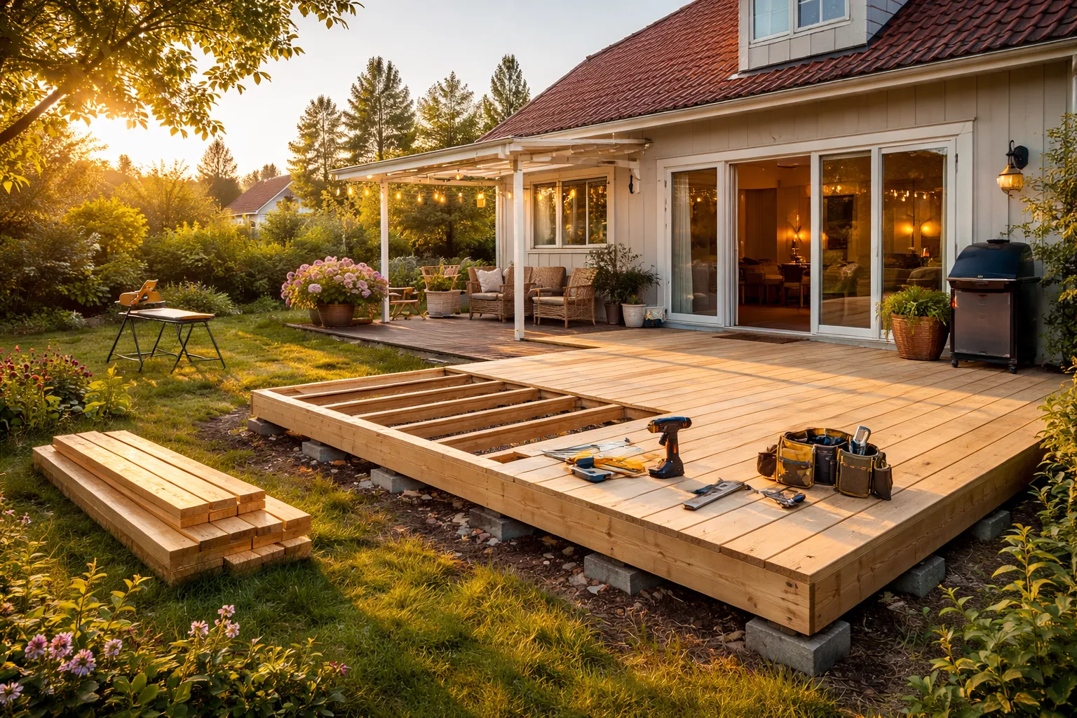 Villa med altanbygge i kvällsljus